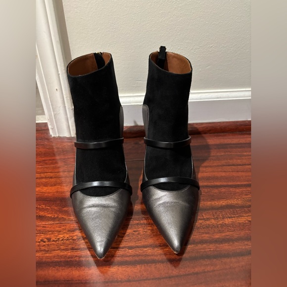 Malone Souliers Shoes - Malone Souliers Pointed Toe Black Suede and Silver Leather Ankle Boots